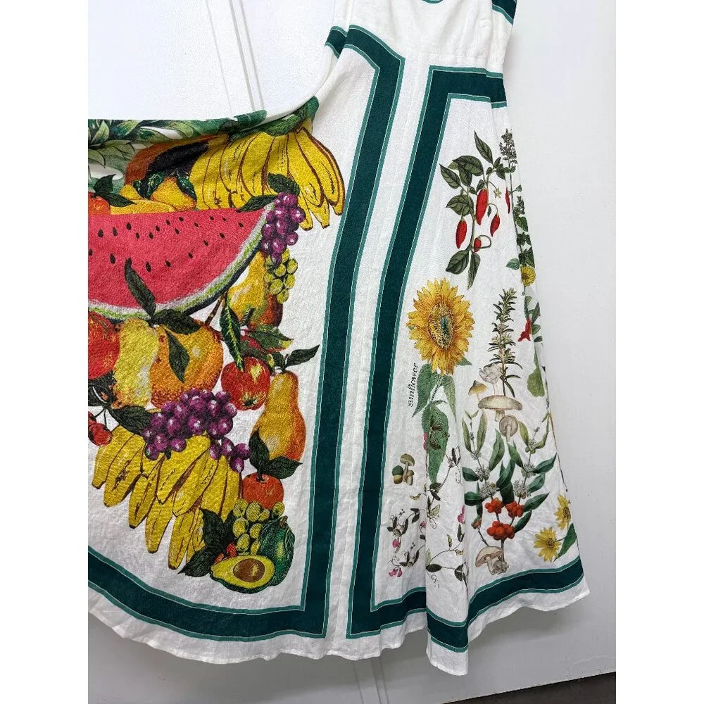 NWT Alemais Frutta Midi Sun Dress White Green Floral Fruit Stripe Linen AU 8 US4 - Picture 10 of 16